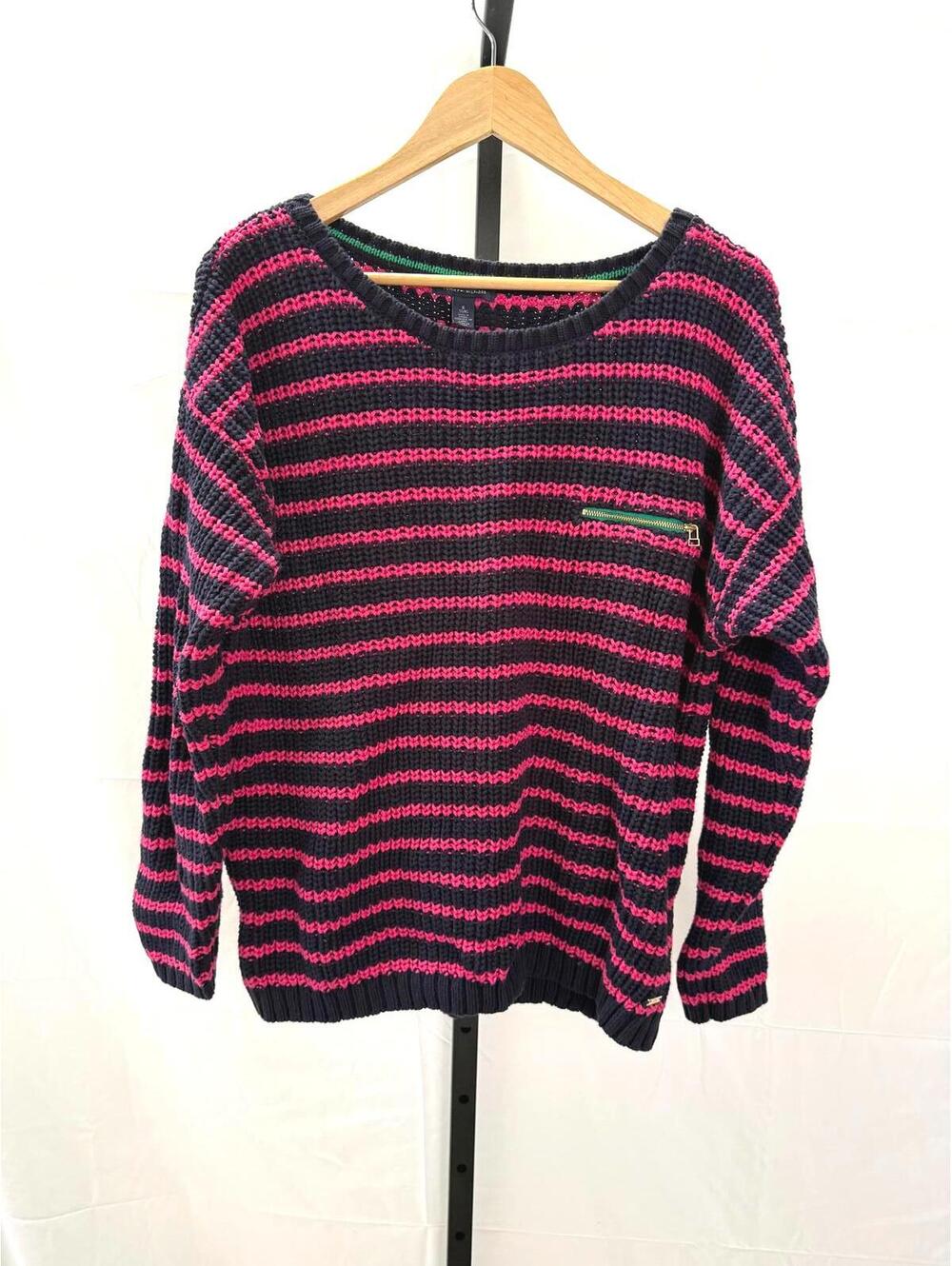Tommy Hilfiger Women's Crew Neck Sweater XL Navy and Pink Striped